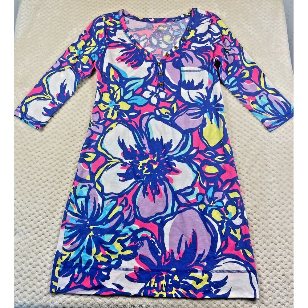 Lilly Pulitzer Catwalkin Palmetto Dress Floral V-Neck 3/4 Sleeve Pink Blue Med